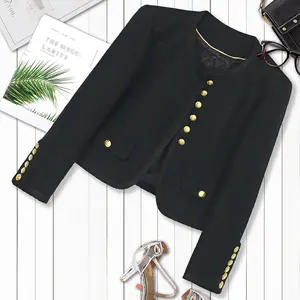 Socialite Elegant Top New Six Button Design Women's Jacket Black Round Neck Coarse Wool Long Sleeve Overcoat for Casual Women'swear