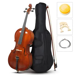 4/4 Full Size Natural Cello Set with Bag Bow Rosin Spruce Panel Tiger Pattern Ideal for Beginners Complete with Accessories for All Ages