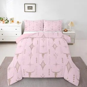 Feelyou Bohemian Bull Skull Comforter Set - Aztec Bedding Set, Western Abstract Horns Duvet Quilt with Blush Pink Mysterious, Minimalist Retro Symbol Aesthetic