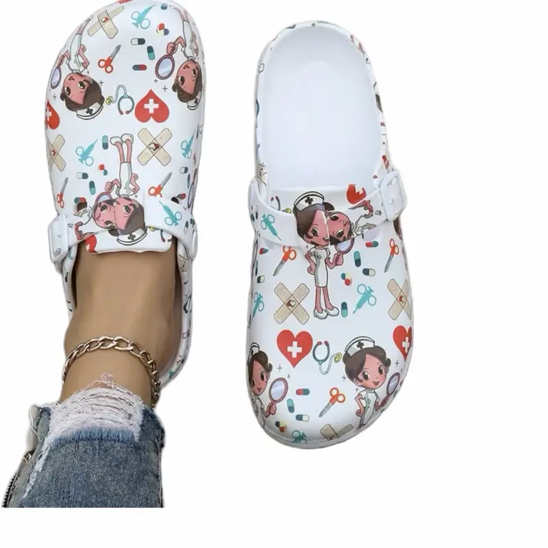 White Medical Healthcare Workers Cartoon Print Platform EVA Clogs Mules Walking Shoes with Beautiful Print - Women Footwear Comfort Lightweight Buckle Water-Resistant Stylish & Practical Girl classic slip-on fashion walk shoe slipper Women's