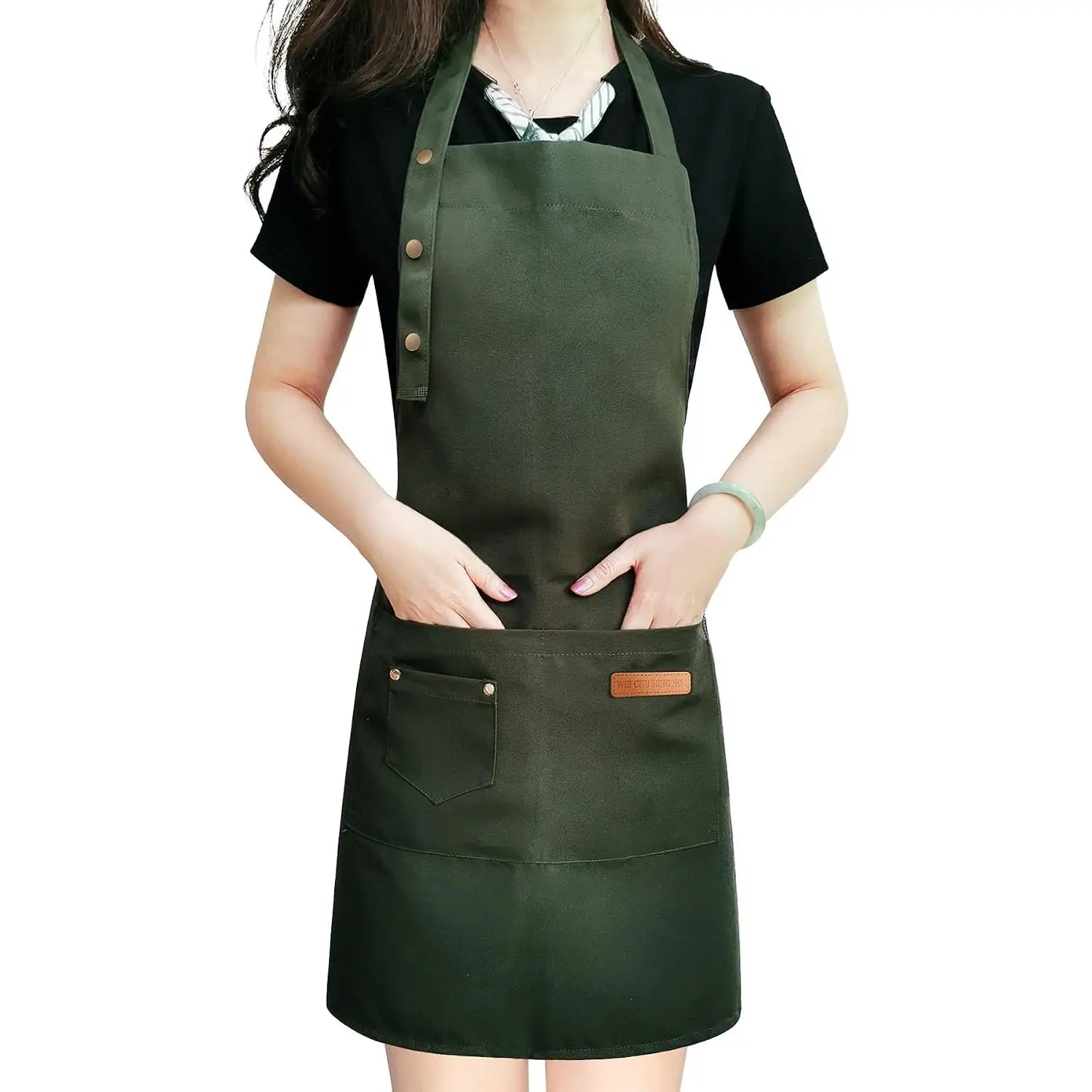 Apron for Men Women with Adjustable Straps and Large Pockets Canvas Cotton Waterproof Cooking Kitchen Chef Bib Apron Green