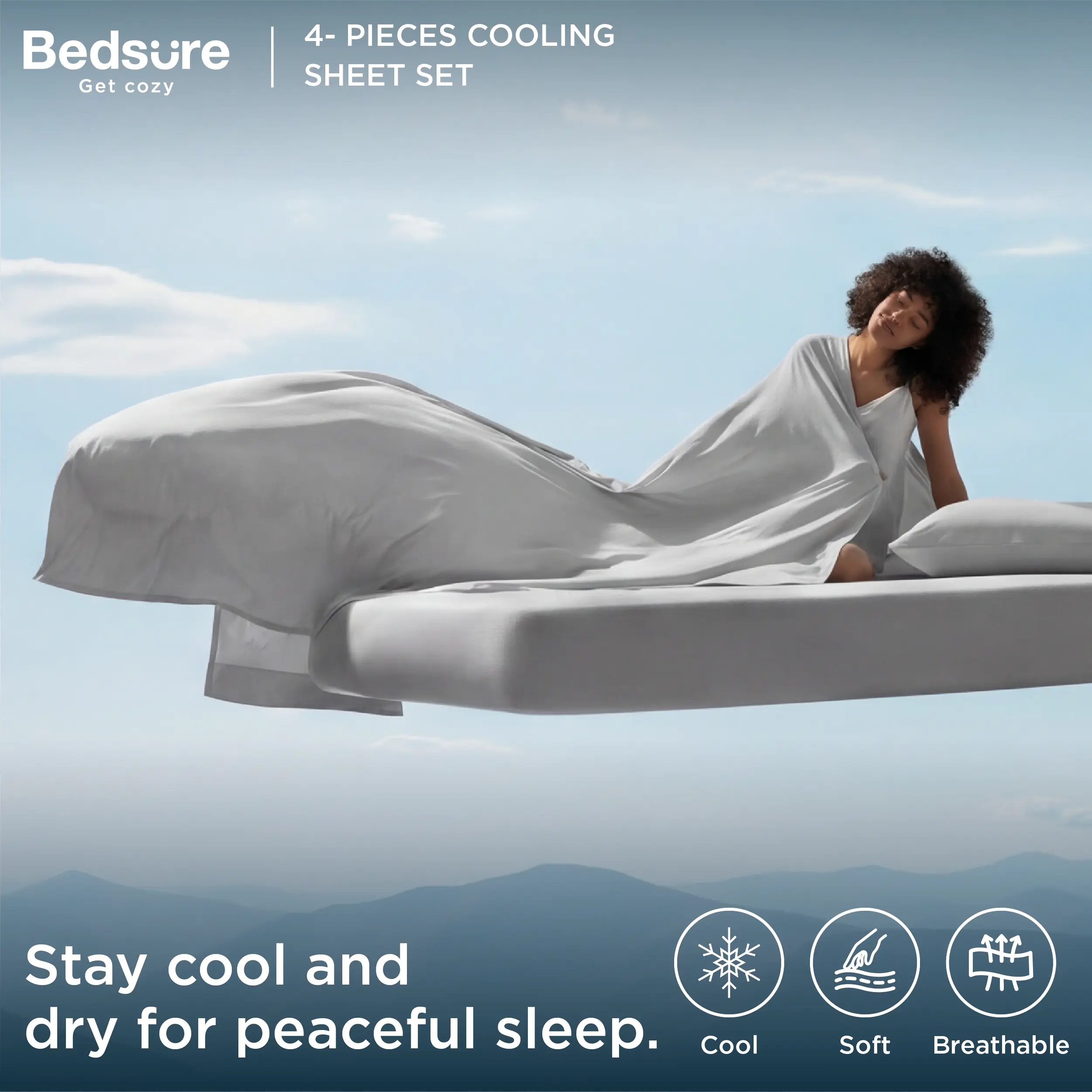 【FallPickDeals 】Bedsure 4- Pieces Cooling Sheets , Cooling Bed Sheets for Hot Sleepers, Chill Cool Sheet, Deep Pocket Up to 18 Inches, Soft & Breathable Sheets Set, Cooling Bedding, 1/99 Fine Smooth