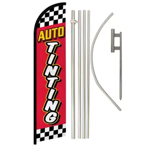 Red Checkered Auto Tinting Windless Banner Flag & Steel-Aluminium Wind-Resistant Pole Kit, Festive & Party Supplies Backdrop Banner