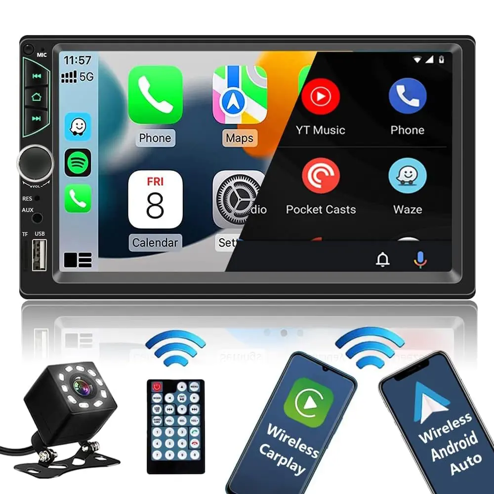 Double Din Car Stereo with Wireless Apple Carplay & Android Auto 7 inch HD Touch Screen Car Radio with Backup Camera, Bluetooth, Car Audio Receiver, Mirror Link, FM/USB/AUX/TF/Subwoofer