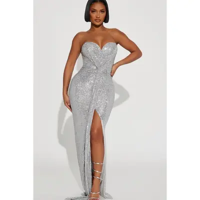 meshki silver dress Elma Lurex Knit Halter Maxi / | The JULIETTE Pleated Chiffon Maxi Dress is designed to move effortlessly between moments Meshki Silver Sequin Dress Gray