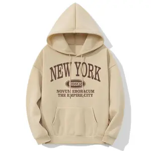 New York Letter Print Kangaroo Pocket Hoodie, Casual Long Sleeve Drawstring Hoodie, Sweatshirt, Women's Clothing