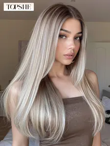 Topshe 13x6 Lace Front Wig, Glueless Half Wig, Glueless Frontal Wig, Straight Balayage Blonde Platinum Color, Heat Resistant Hair, All Seasons, Party Christmas Halloween Valentine's Day
