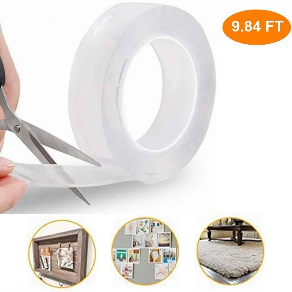 Clear Acrylic Nano Double-Sided Tape 118.11 inches for Cellphone Pads Keys Kitchen Tools No Residue Reusable Strong Stickiness Gel Tape