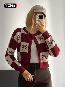 Women's Colorblock Bow Print Cardigan, Casual Long Sleeve Knitwear for Daily Wear, Ladies Clothes for All Seasons, Tops