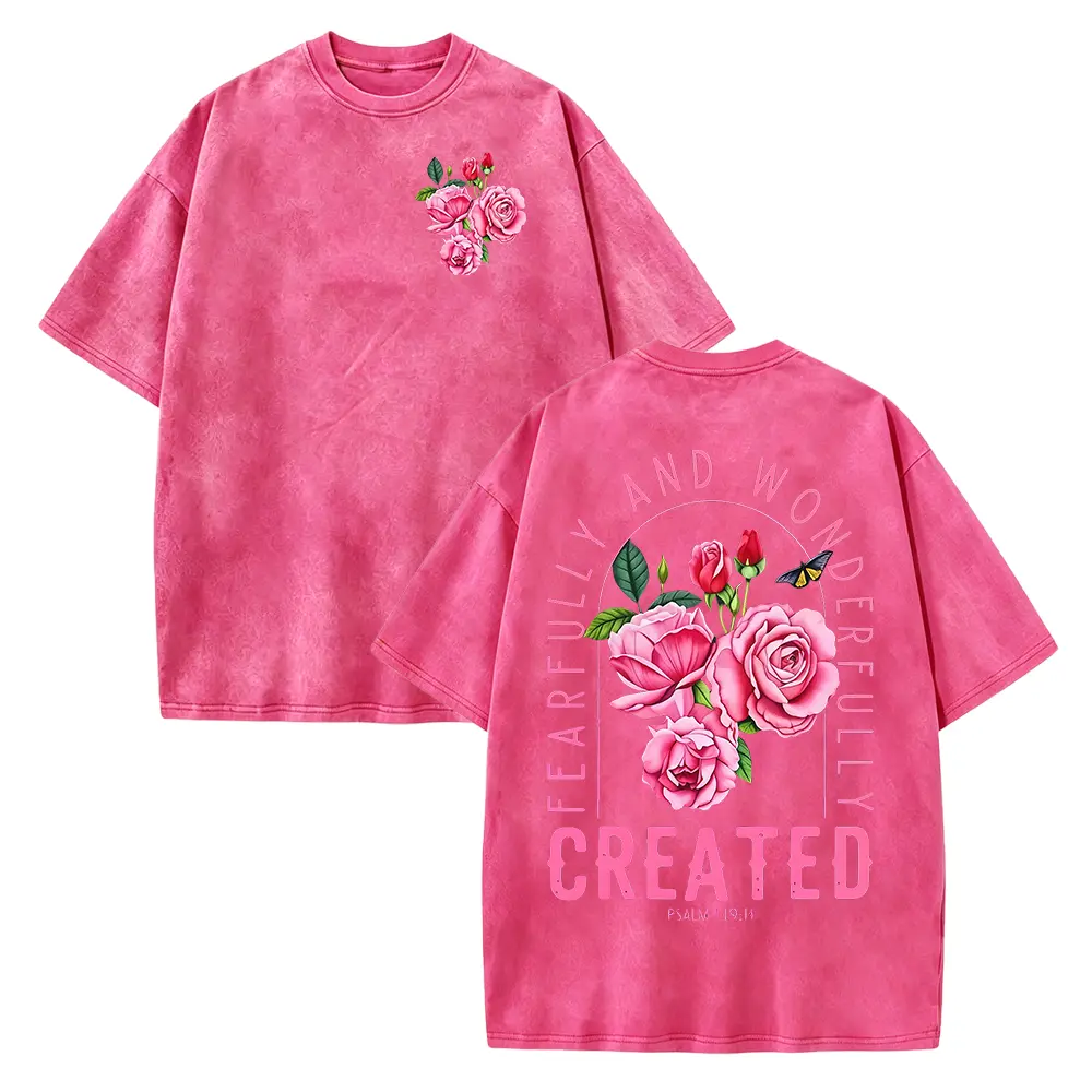 Amazing Pink Rose Vintage-style Loose Printed T-shirt, WomenS Short-sleeve Design, 8 11oz Pure Fabric, Relaxed Fit Perfect for Casual Attire Or As A Gift for Friends Lyrics Taken From Psalm 139: 14, Beautifully Designed 100% Pure