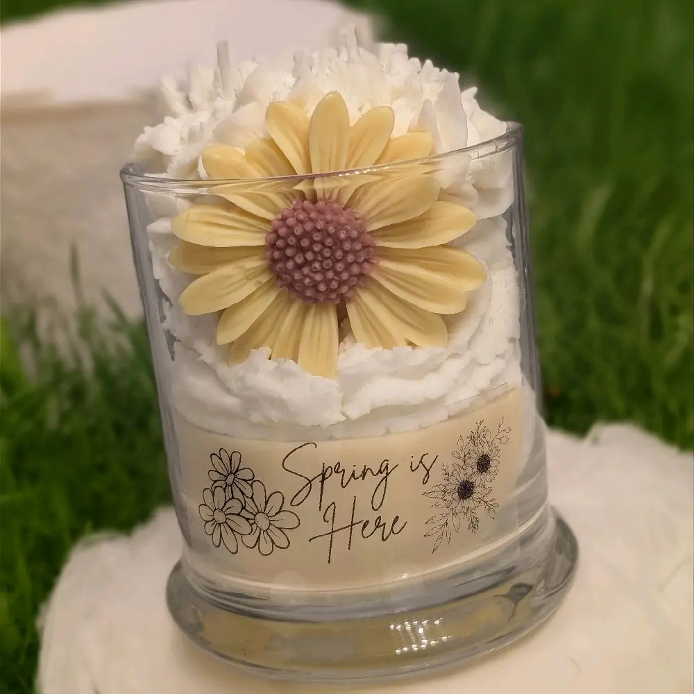 Spring is Here Scented Candle with Yellow Daisy and White Floral Accents for Home Decor