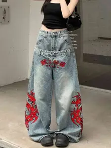 Women's Light Wash Dragon Embroidered Wide Leg Jeans, High Waist Double Waistband Baggy Denim Pants, Retro Oriental Red Flame Embroidery Y2K Streetwear Trousers, Trendy Hip Hop Bottoms for Skateboarding, Street Shoots and Unique Urban Fashion Outfits