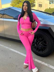 fall women's solid zip up crop hoodie & high waist pants set, fall outfits, casual long sleeve hooded top & flare leg pants for spring & fall, 2 piece sets women, women's clothes for daily wear, downtown girl clothes