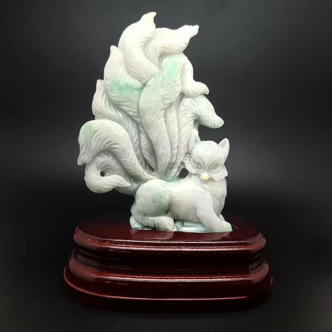Exquisite Jadeite Nine-Tailed Fox Statue;Handcarved Jadeite Dragon Sculpture Masterpiece;Serene Handcarved Jadeite Guanyin Sculpture;Handcarved Natural Jadeite Fox Sculpture;Natural Green Jadeite Dragon Statue for Home Decor