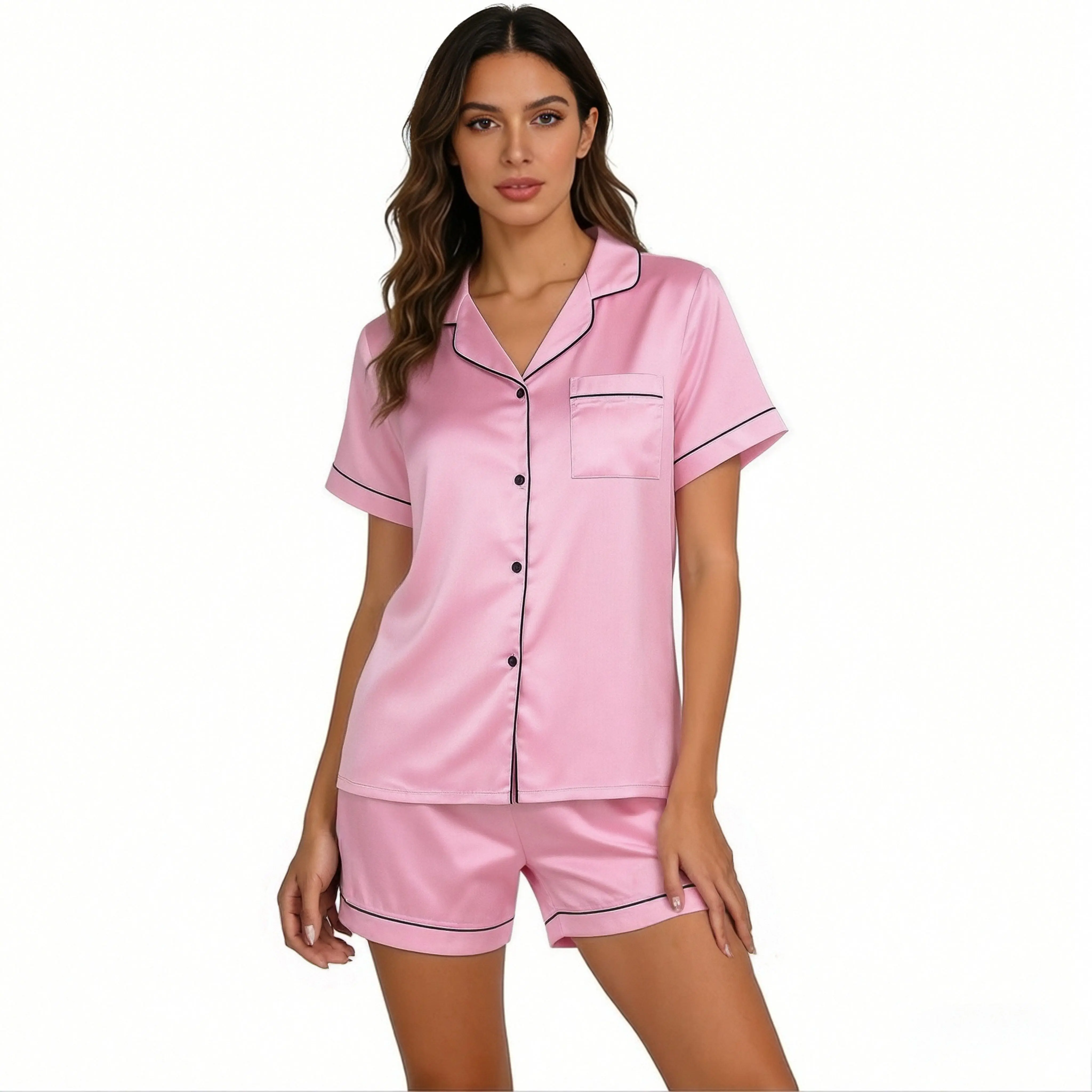MNLYBABY Women's Silk Satin Pajama Set: Short-Sleeve Button-Down Top & Shorts, 2-Piece Pajama Set—Soft, Lightweight Sleepwear for Everyday Wear and Relaxing at Home