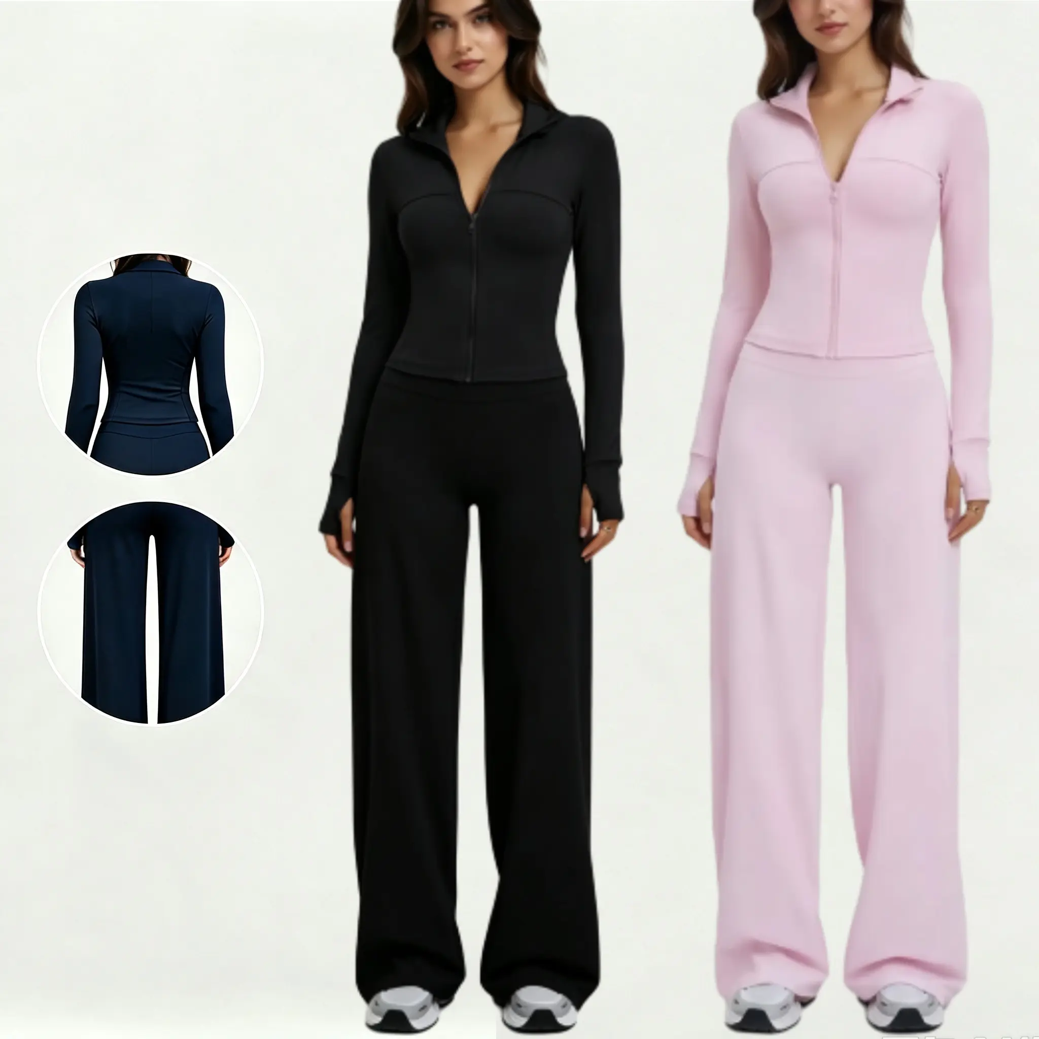 Women 2‑Piece Outfit, Elegant Long Sleeve Zip‑Up Top with Wide Leg Pants, Casual Matching Suit for Daily Going‑Out