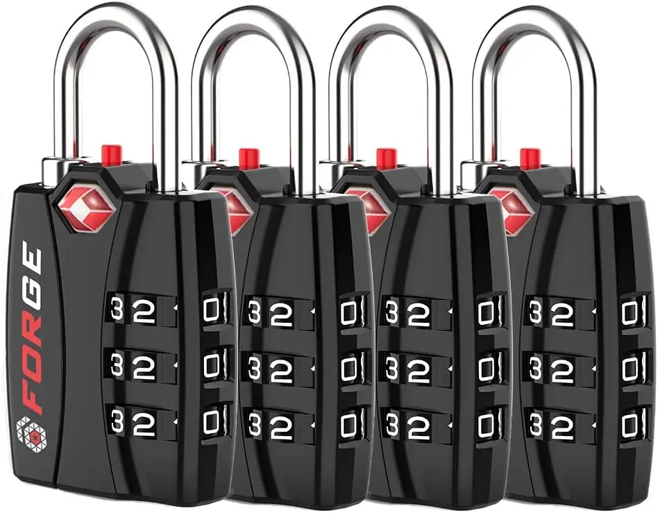 Forge Open Alert TSA Approved Luggage Locks - 3 Digit Combination, Easy Read Dials, Zinc Alloy Body - Ideal Travel Lock for Luggage, Suitcases, Bags & Toolboxes (Black 4 Locks)