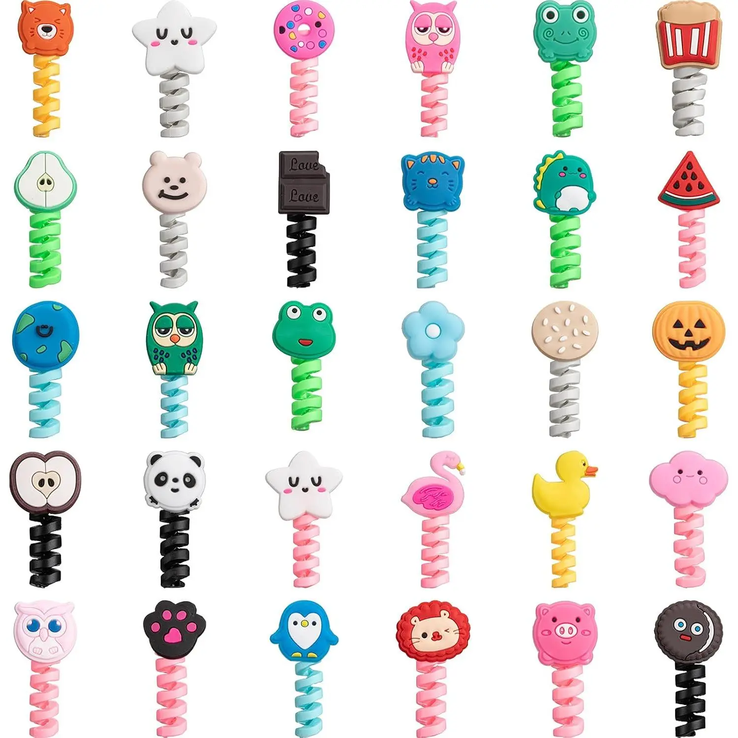 32-Piece Cute Cartoon Silicone Cable Protectors - Adorable Patterns, Flexible Animal Buddies, USB Charging Line Saver, Practical Cable Protection (2x3cm, Anti-Damage for Mobile Phones, Computers), Cute Style
