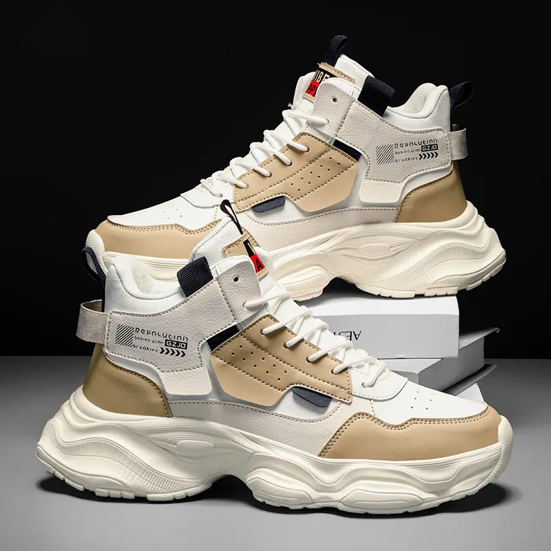 [Travel] Men's High-Top Chunky Sneakers - Stylish All-Season Outdoor & Casual Shoes with Thick Rubber Sole, Durable PU Upper, and Comfortable EVA Insole for Hiking, Streetwear, and Everyday Use, Shoe Insoles