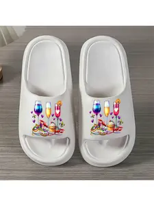 1 pair of wine glass and food print slippers, unisex, thick-soled pillow slippers, men's and women's slippers, EVA sole, lightweight and soft open-toe, shower shoes, suitable for indoor and outdoor beach use