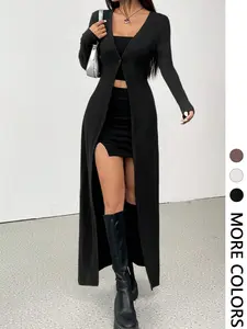 Women's Solid Color Long Casual Knit Cardigan, Single Button Fitted Sweater for All Seasons, Plain Pattern, Moderate Fabric Thickness