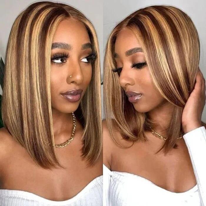 Highlight Lace Front Bob Wig Human Hair 14 Inch Ombre Honey Blonde 13x4 Hd Lace Front Wigs Human Hair Pre Plucked Middle Part 4/27 Colored Lace Frontal Wigs(14 Inch, 4/27 Highlight)