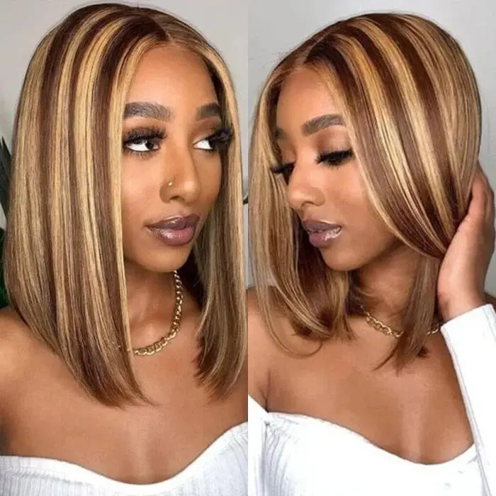 Highlight Lace Front Bob Wig Human Hair 14 Inch Ombre Honey Blonde 13x4 Hd Lace Front Wigs Human Hair Pre Plucked Middle Part 4/27 Colored Lace Frontal Wigs(14 Inch, 4/27 Highlight)