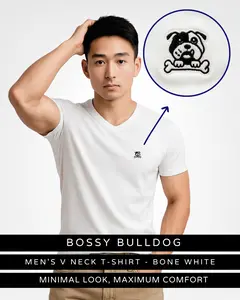Bossy Bulldog Men's V-Neck Premium Pima Cotton T-Shirt – Soft Breathable Luxury Casual Tee with Bulldog Logo (Bone White)