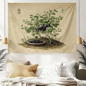A Stylish And Beautiful Ancient-Style Hand-Painted Tapestry Featuring Blackcurrant Branches And Leaves with Ceramic Plate Fruits, Lightweight And Flowing, Suitable for Bedroom Headboards, Living Room Sofa Walls, Dormitory Decor, Balcony Settings
