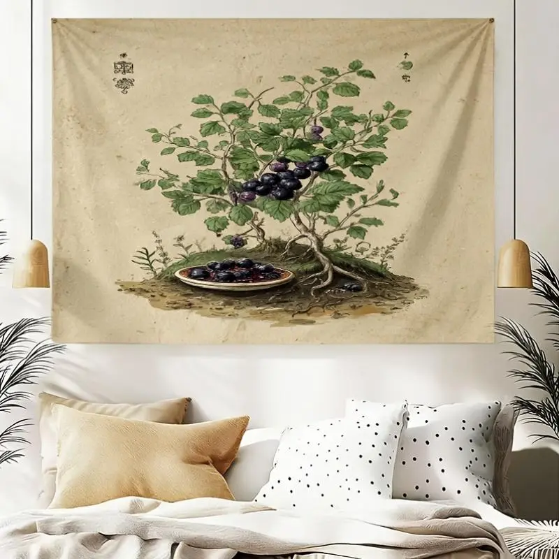 Ancient-Style Hand-Painted Linen Tapestry - Blackcurrant Branches, Leaves, Ceramic Plate Fruits Print, Wrinkle-Resistant, Lightweight, Flowing, Daily Home Decor, 152Cm×101Cm（60×40In）), Suitable for Bedroom Headboards, Living Room Sofa Walls, Photo, Annive