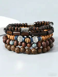 Wooden Beaded Bracelet Set, Vintage Bohemian Jewelry with Tree of Life Charm & Multi-Layer Design for Men's Daily & Casual Wear, Boho Style Jewelry, Stackable Bracelets