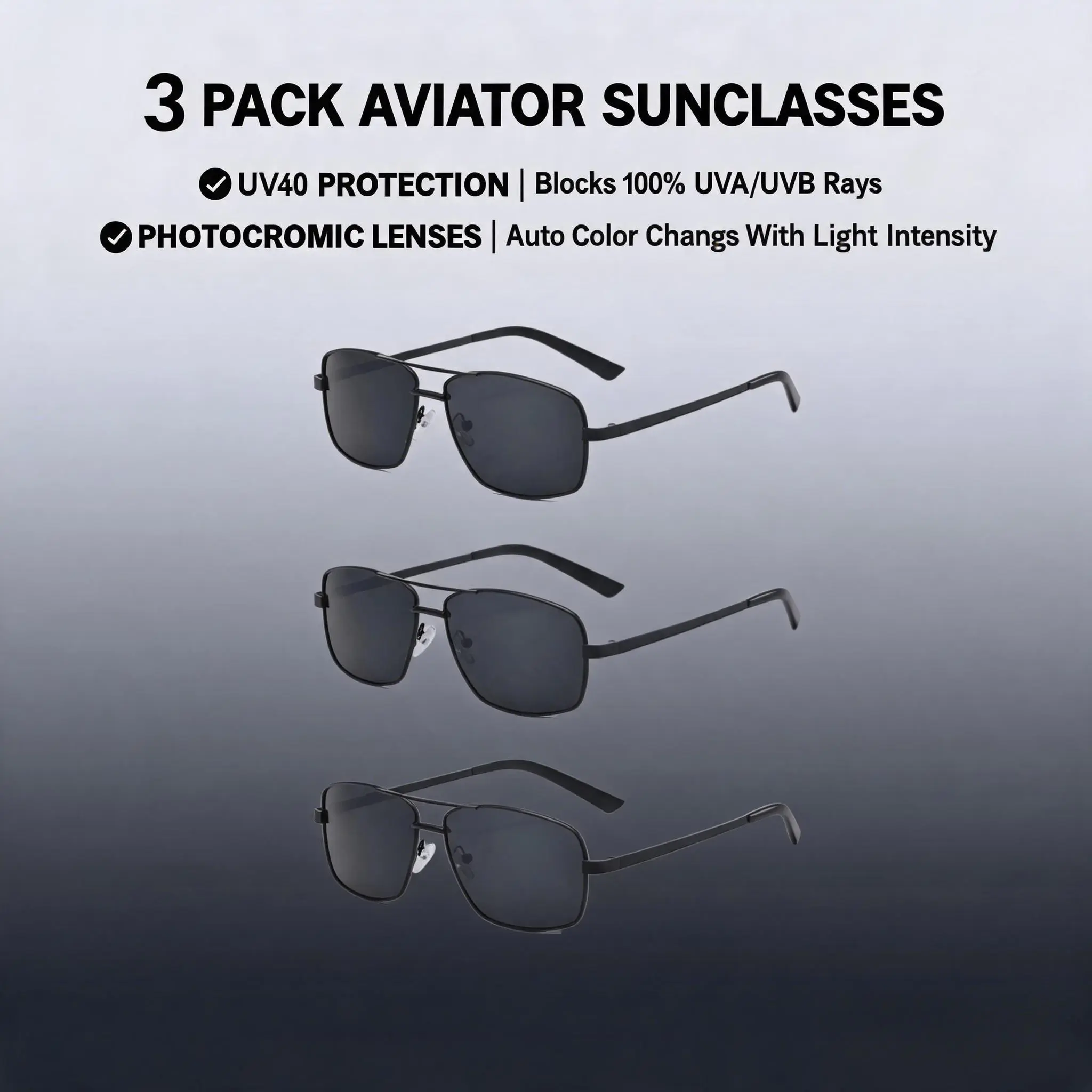 Men's 3-Piece Auto-Tint Polarized Sunglasses Set - Light-Adaptive, Premium Quality for Outdoor Fishing, Driving - Budget-Friendly Eyewear Accessory
