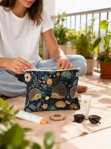 1pc, Cute Hedgehog Floral Wonderland Pattern Cosmetic Bag, Portable Corduroy Zipper Wash Bag, Perfect Travel Makeup Tool Storage Bag, Cosmetic Pouch