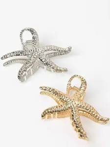 2pcs Women's Gold & Silver Starfish Anti-Slip Shark Clips, Simple Solid Color Hair Claw for Back of Head Updo Styling, Hair Claws Set