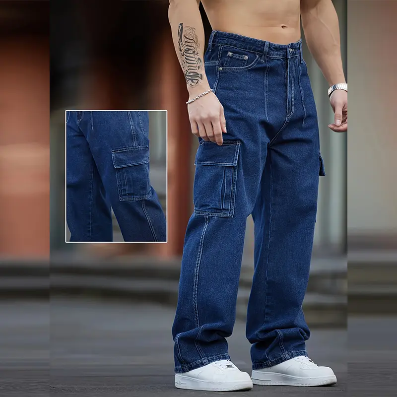 Men's Fashion Wide Leg Jeans, Solid Color Multi-Pocket Relaxed Fit Washed Dark Blue Cargo Jeans, Retro Street Outdoor Casual Pants for Daily Wear