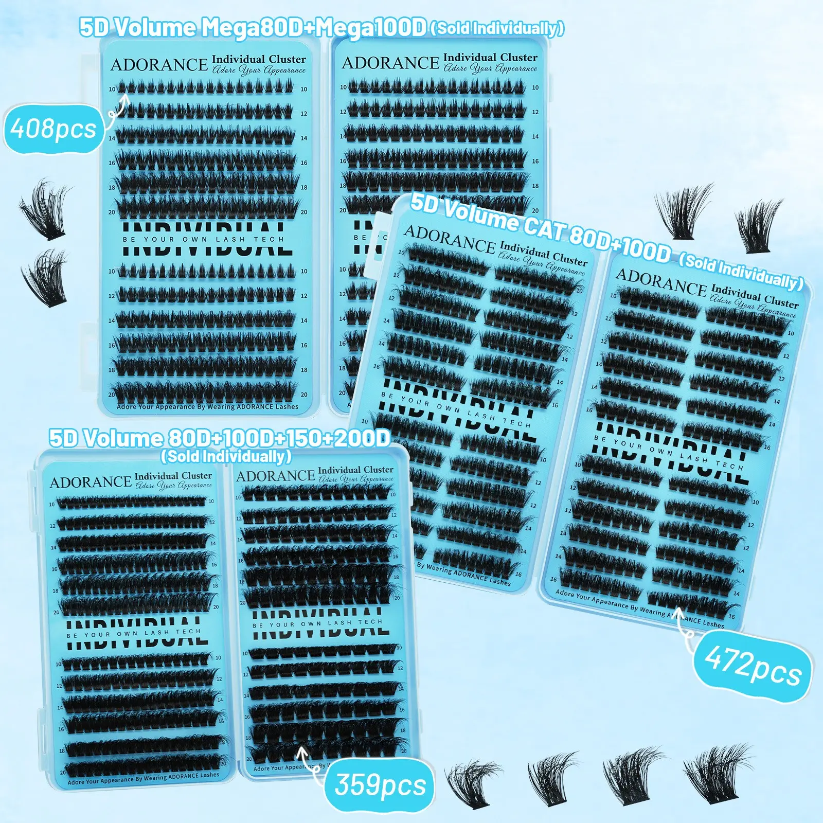 ADORANCE Lash Clusters Mixed Length, 408/359/472 PCS D Curl Volume Individual Lashes, Fluffy Wispy Cluster Eyelash Extensions, DIY False Eyelashes for DIY Application