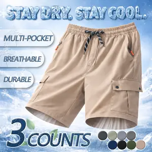 3 Pack Men’s Cargo Shorts Quick Dry Lightweight Stretch Hiking Shorts for Men with Zipper Pockets Elastic Waist Athletic Outdoor Casual Shorts for Fishing Camping Running Gym Travel Breathable Tactical Multi Pocket Summer Shorts No Lining