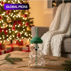 Viral Bearista Holiday Series Cold Cup, Retro Cute Striped Straw Bear Glass Mug, Drinking Tumbler, Coffee Beer Wine Cocktail Drinkware, Teddy Bear Cup with Beans Lid #GLOBAL PICKS