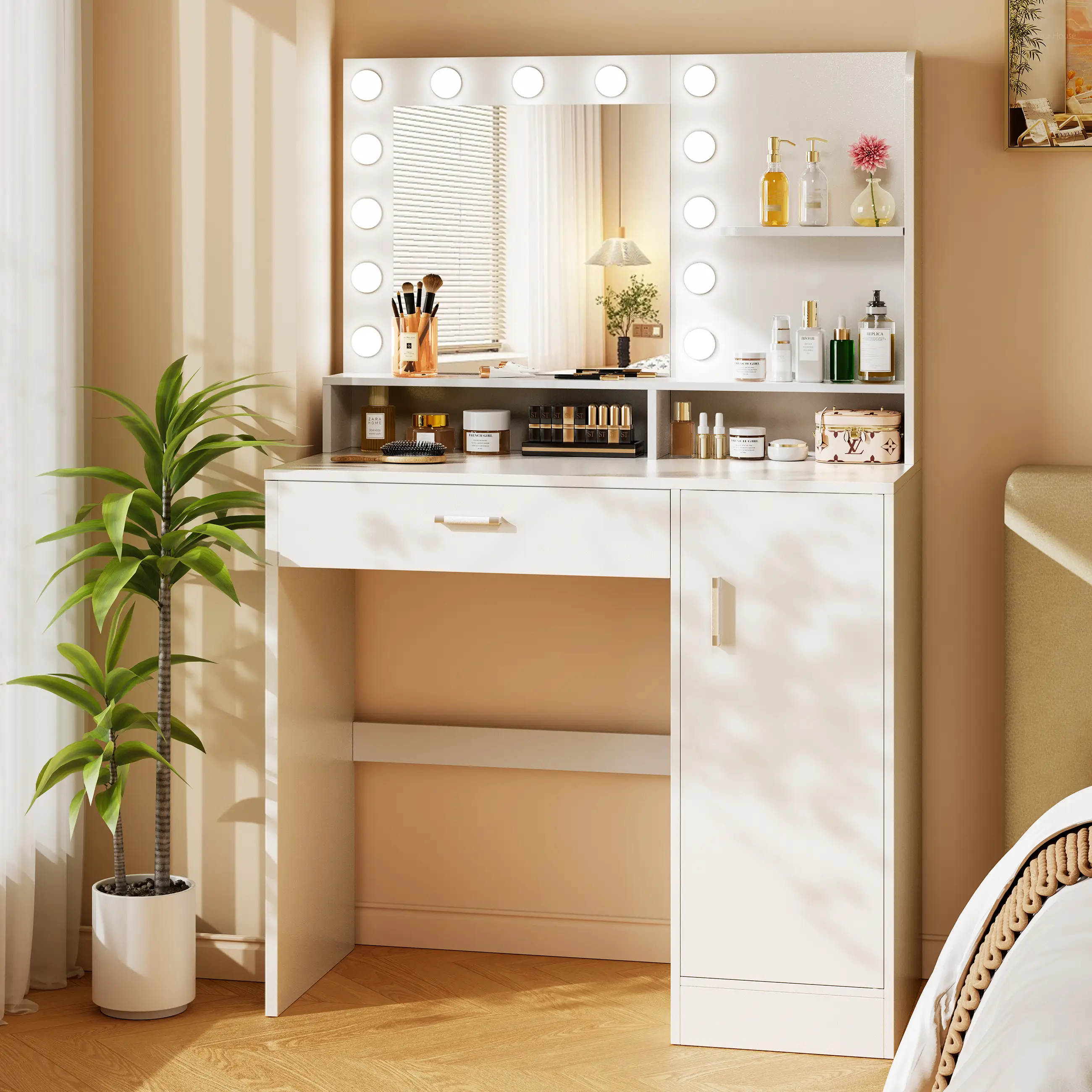 Decofy Vanity Desk with Mirror & Lights, 3 Lighting Modes, 10 Brightness Levels, White Makeup Vanity with Drawers