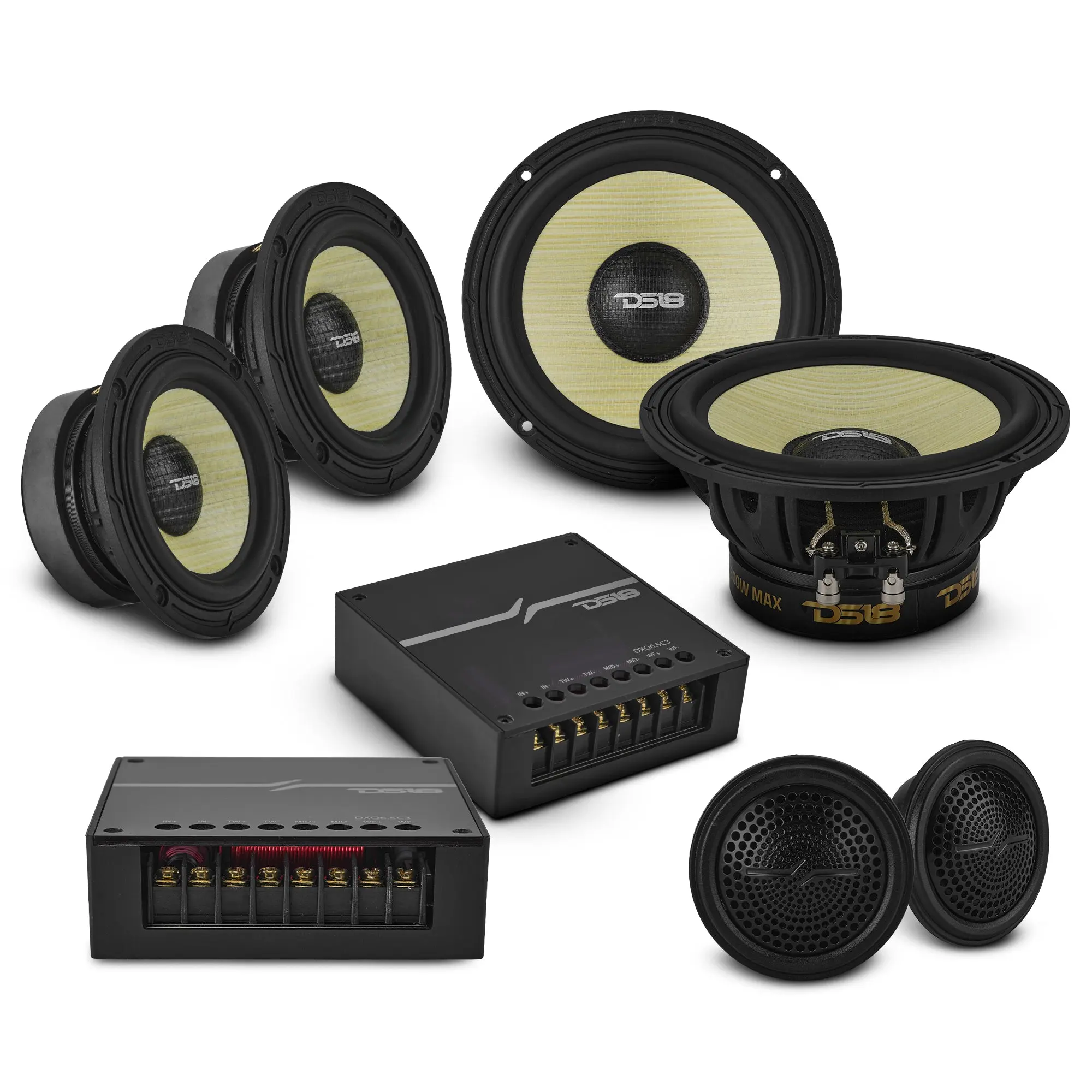 DXQ 6.5" 3-Way Component Speaker Set for Car Stereo Upgrade, Car Audio Equipment with Yellow Straw Cone, Composite Foam Cone, 150W RMS 4-Ohm Woofer (DXQ6C3)