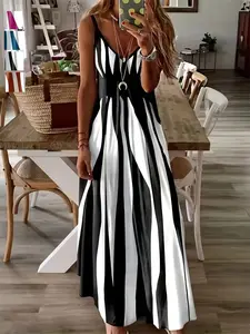 Summer New Arrival Women's Casual Sleeveless Striped V-Neck Long Dress, Sweet Style Loose-Fitting Daily Wear, Perfect for Outdoor Activities