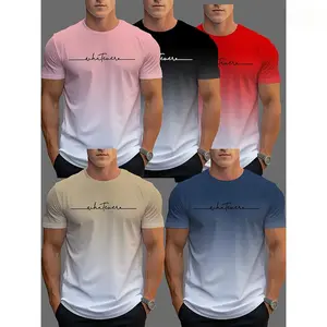5pcs Men's Sports T-shirt, Gradient Color 3D Printing Quick-Drying Short Sleeve Fitness T-shirt, Daily Casual Sports Top Fathersdaygift
