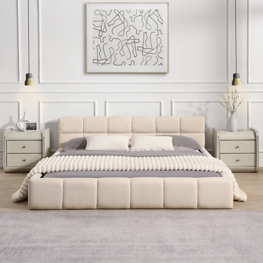 Elegant Beige Chenille Upholstered Bed with Checkerboard Design, Queen, Beige