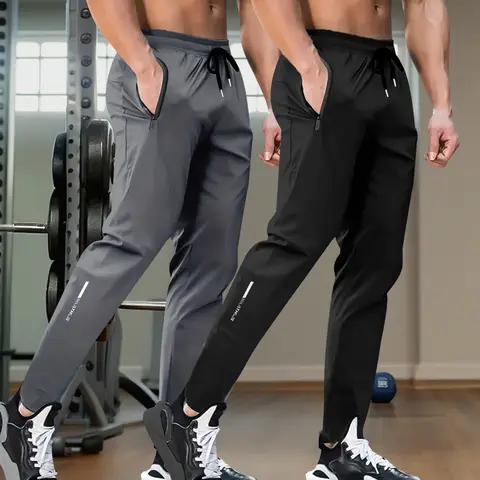 Men's Synthetic Jogging Training Trousers - Sporty Chic, Soft Running Track Pants, Fitted Breathable Workout Bottoms with Zippered Pockets, No Excess Bulk