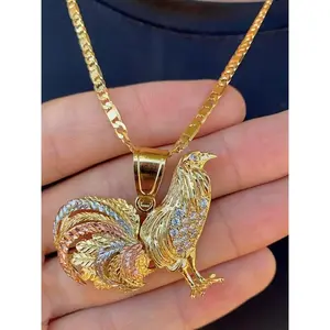 Chicken Rooster Necklace Animals Pendant Charm CZ For Mens 24" 14K Gold Plated Fashion Jewelry Gifts Unique Accessory Cubic Zirconia