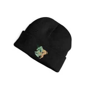 HTB Signature Beanie with Bear Design, Black Color, Classic Style, Perfect for Casual Wear