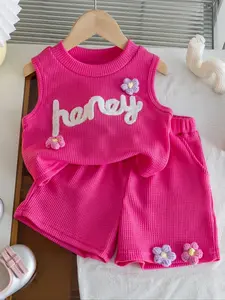 Girls' Summer Waffle Towel Embroidered Vest and Shorts Casual Set, Summer Clothing Set, Fitted Letter Pattern, Comfortable and Stylish