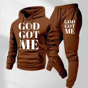 Men's 2-Piece Loose Soft Breathable Minimalist Polyester "God Got Me" Letter-Print Hoodie & Drawstring Sweatpants Set - Casual Athletic Long-Sleeve Hooded Tracksuit for Fall Winter Daily Indoor Outdoor Wear