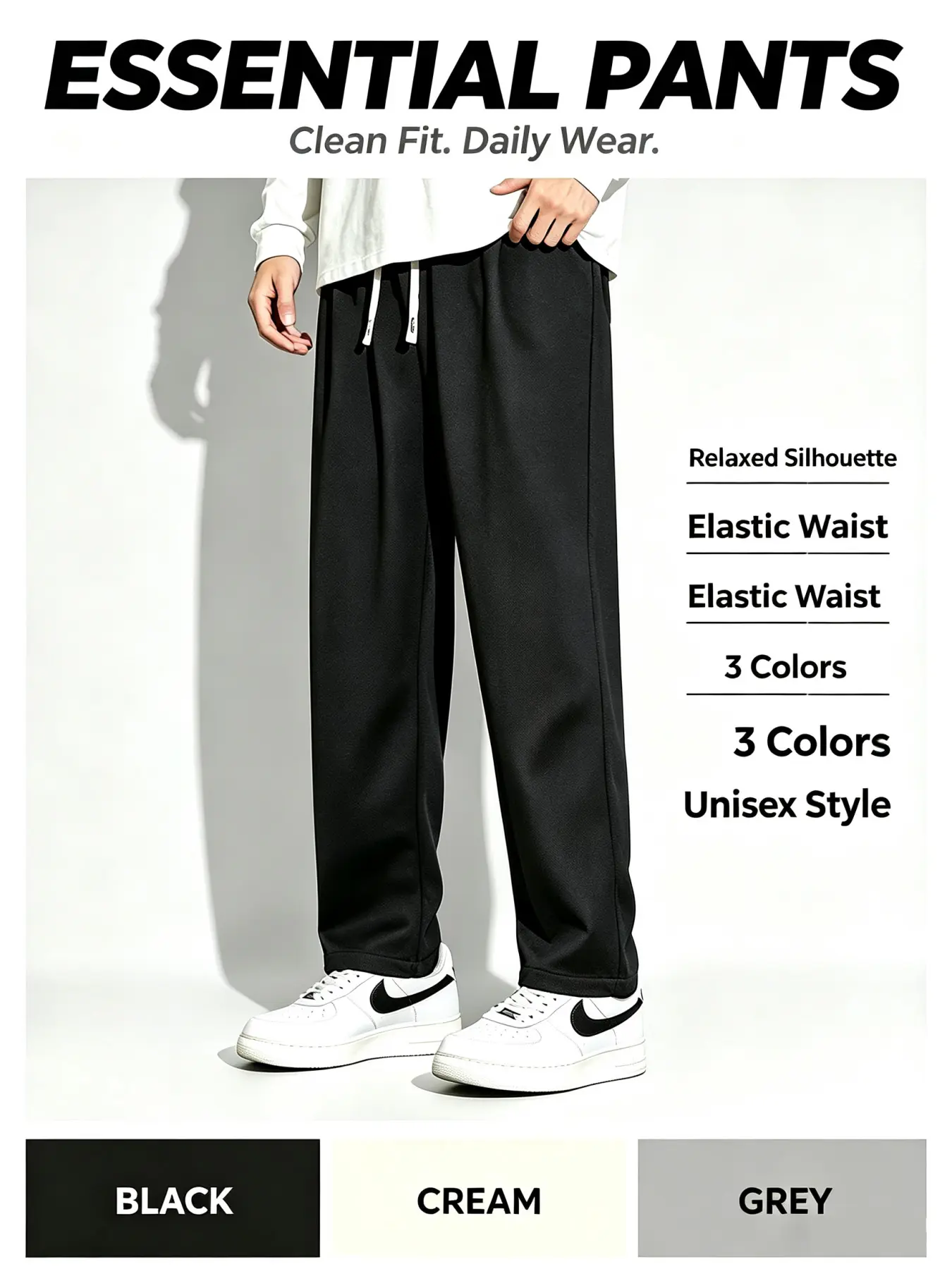 Men’s solid-color straight-leg casual jogger sweatpants with a drawstring elastic waistband and a loose fit; basic wide-leg long pants for jogging with a fluid drape; simple, clean design that pairs easily with tops; comfortable, breathable, skin-friendly