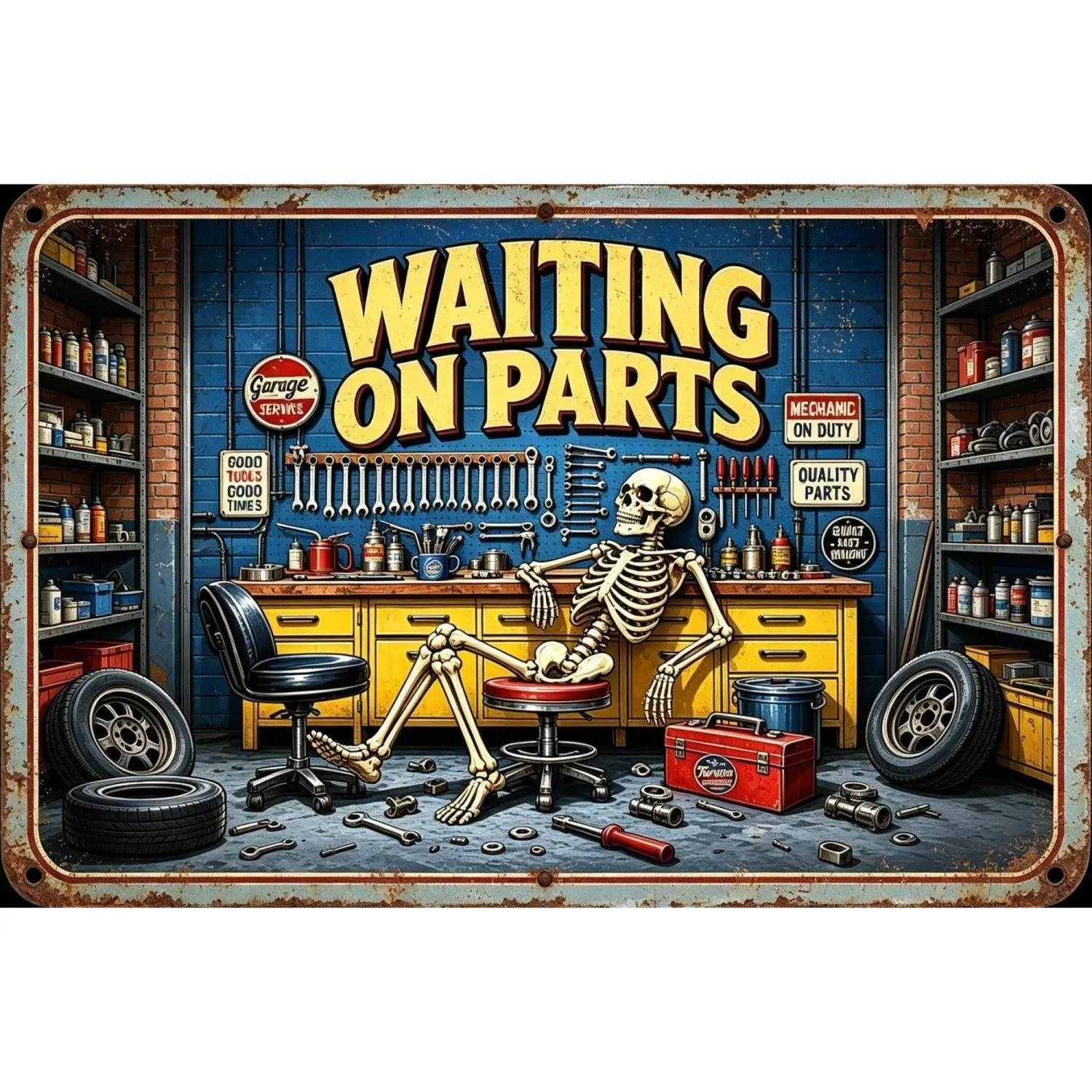 1pc 8x12inch Prints Waiting on Parts Skeleton Mechanic Metal Sign Unique Industrial Art for Man Cave Workshop Decorative Flat Artwork